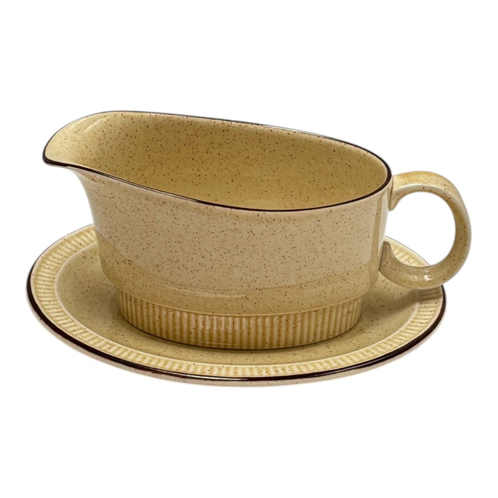 Vintage Poole Pottery Broadstone Gravy Boat Saucer Yellow Speckled UK MCM 1970s